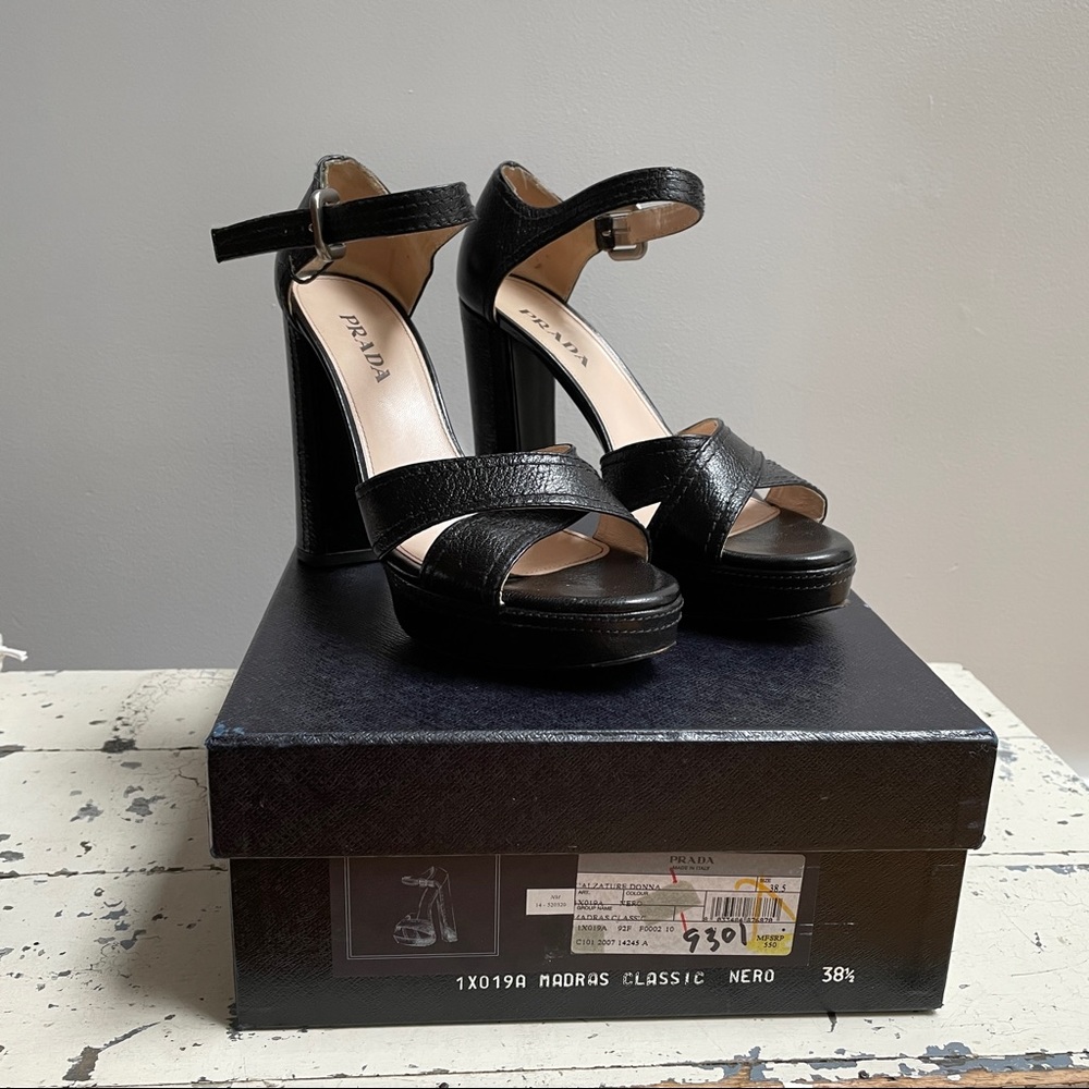 Prada Madras Classic Nero Open Toed Platform Heels
